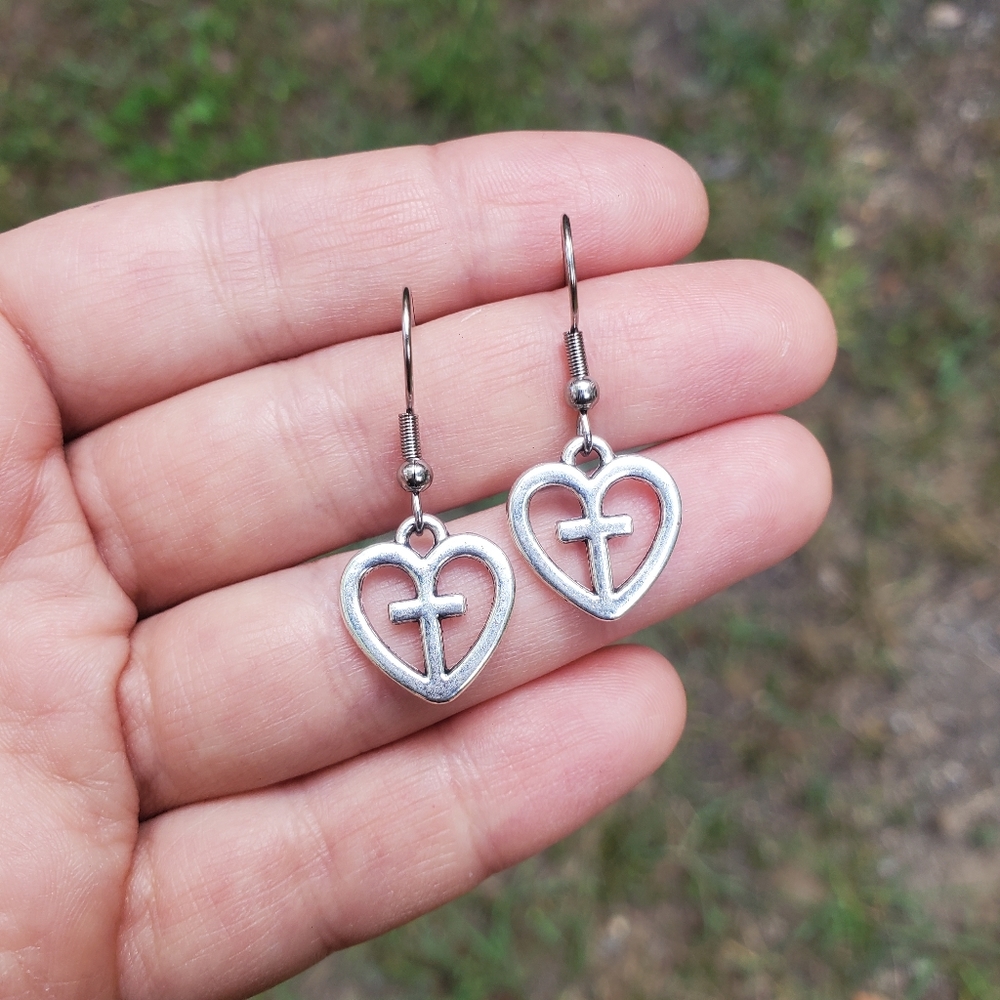 New Handmade Dainty Silver Cross Heart Earrings - Picture 14 of 15